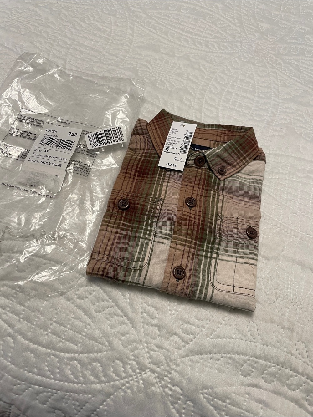 NWT $33 The Children’s Place 4T TRULY OLIVE Plaid Soft Long Sleeve Button Shirt